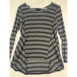 AB Studio Gray Black Striped Knit Top Long Sleeve Lightweight Pullover Women L